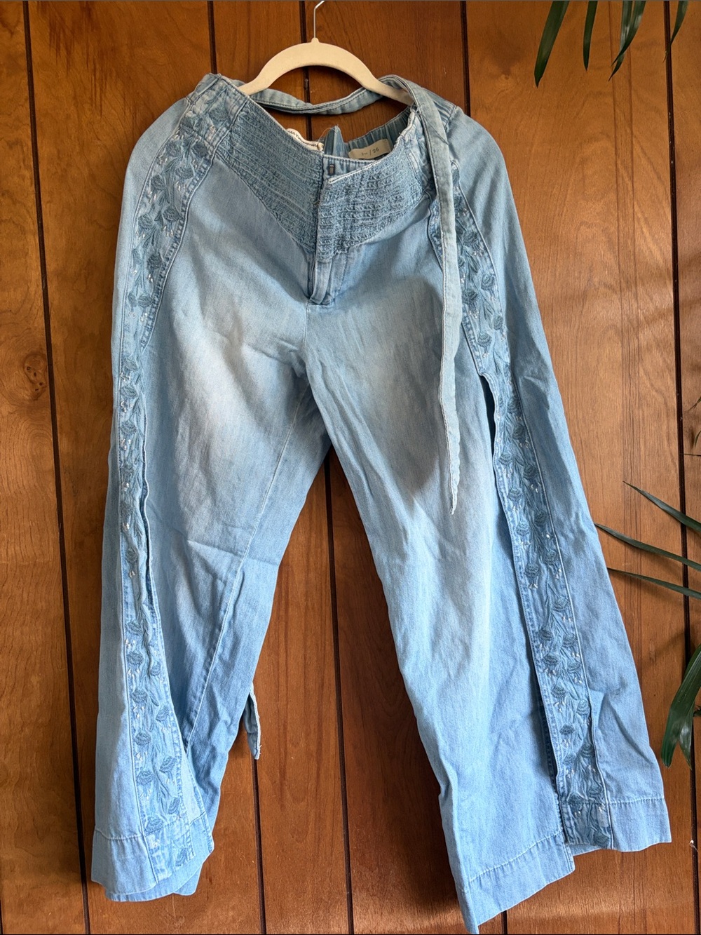 Pilcro Light Blue Embroidered Wide-Leg Jeans with Tie Waist